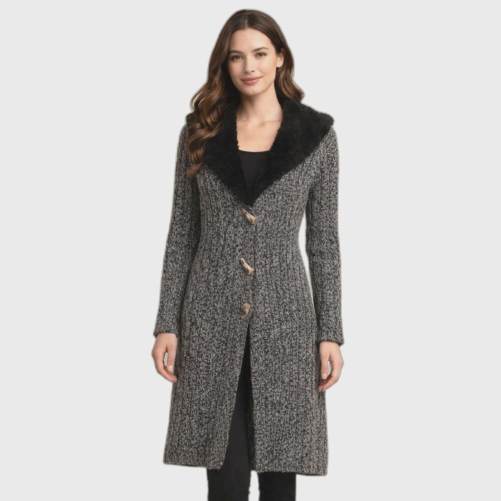 NILS Sportswear Women’s Long Knit Cardigan Sweater Wood Blend Faux Fur Collar S